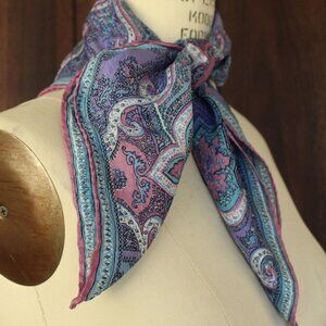 Vintage Vera Scarf, Blue and Purple and Pink Silk and Rayon, Square Designer